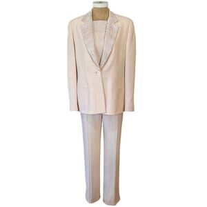 Mila Schön Beaded Embellished Silk Three Piece Pants Suit Size 12 Blush Italian